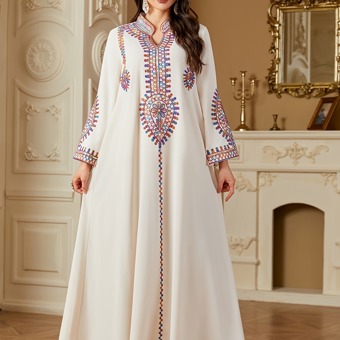 Elegant White Long Sleeve Dress with Colorful Designs and Sequins - A-Line Floor-Length Gown for Women, Perfect for Spring, Summer, and Fall, Versatile Fashion|Elegant Long Dress|Sequin Embellishments