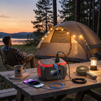 Person camping by a lake with a tent, table, and power station at sunset.