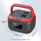 Black and red portable power station with measurement details on a light gray background