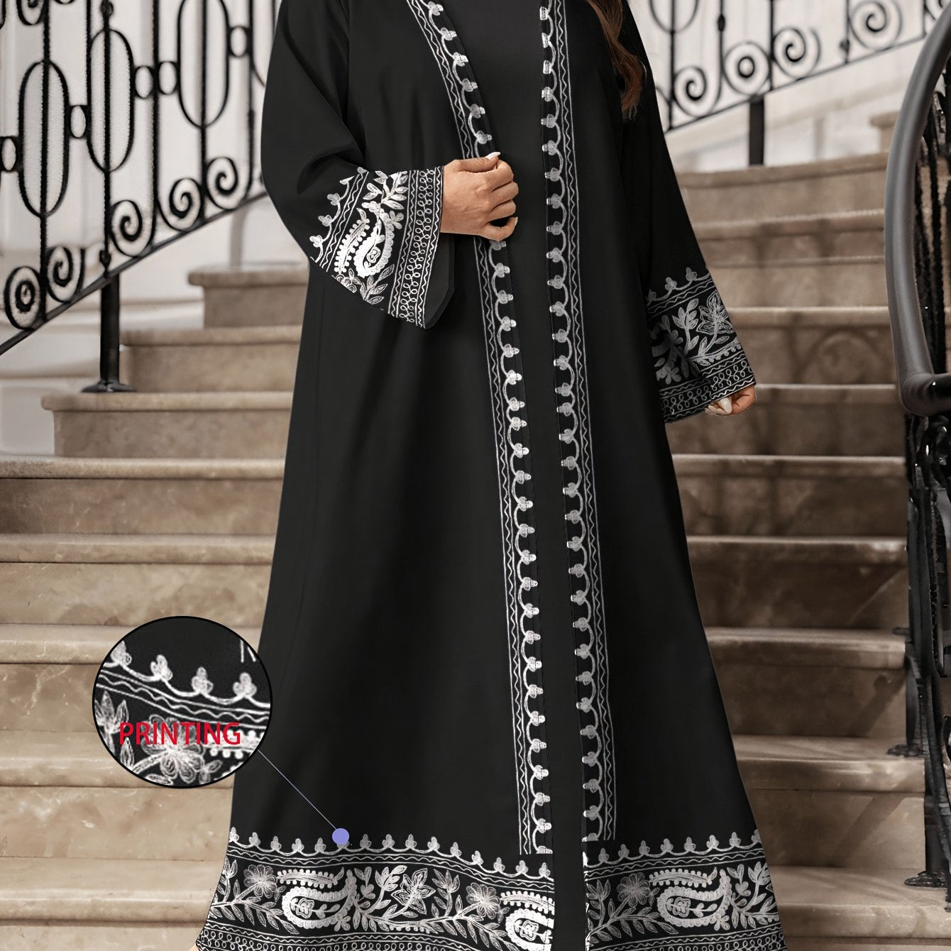 Plus Size, Women's Branch Digital Print Long Sleeve Casual Arabic Abaya Cardigan Long Outerwear, Spring and Autumn Open-Front Single-Layer Cardigan Dress, Dubai Abaya Luxury Muslim Women's Clothing