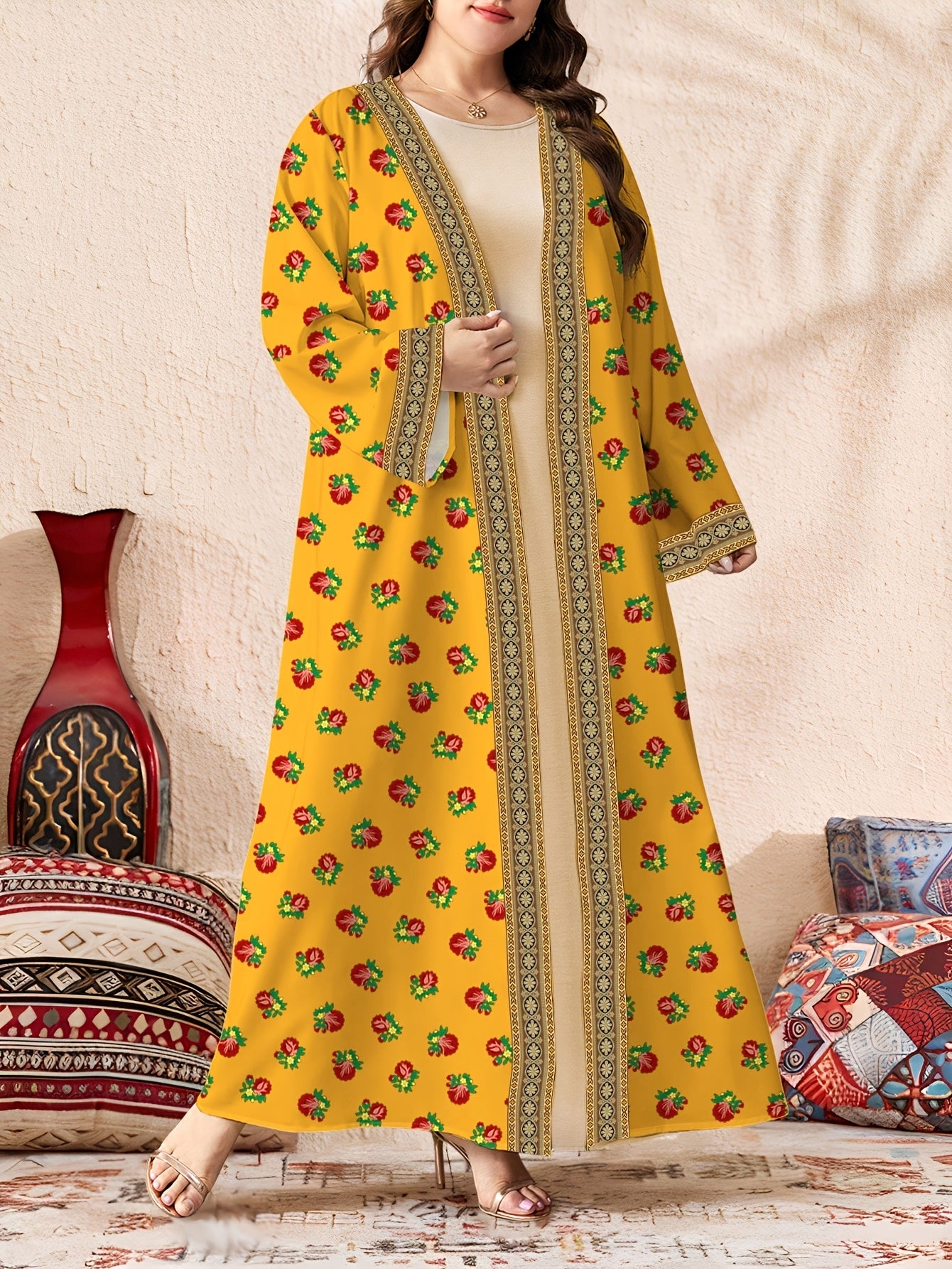 Plus Size, Women's Branch Digital Print Long Sleeve Casual Arabic Abaya Cardigan Long Outerwear, Spring and Autumn Open-Front Single-Layer Cardigan Dress, Dubai Abaya Luxury Muslim Women's Clothing