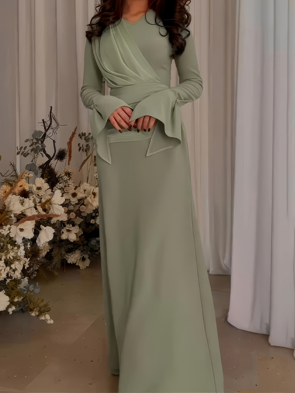 1pc Stylish Long Dress with Long Sleeves for Women Attending Weddings