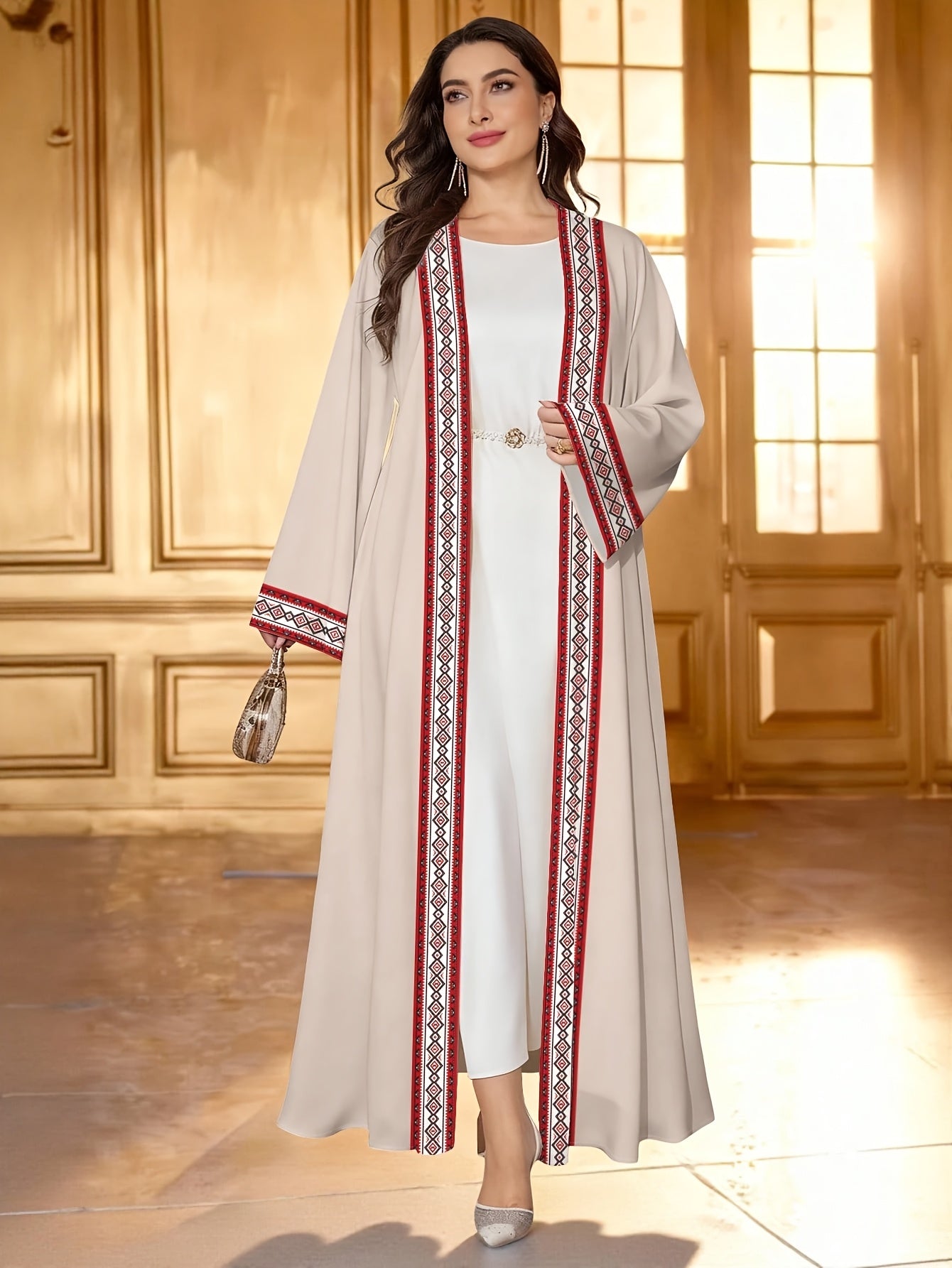 Plus Size - Plus Size - Plus-Size Women'S Geometric Striped Printed Long-Sleeve Casual Arabic Abaya, Single-Piece Cardigan Casual Coat for Spring And Autumn Islamic Women'S Clothing