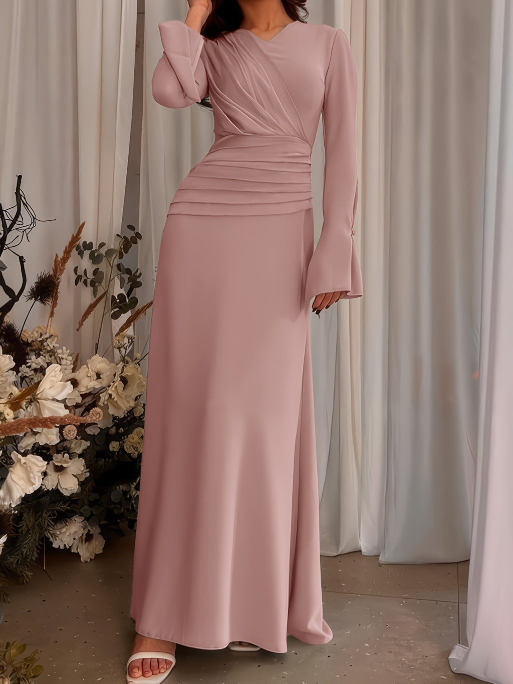 1pc Stylish Long Dress with Long Sleeves for Women Attending Weddings