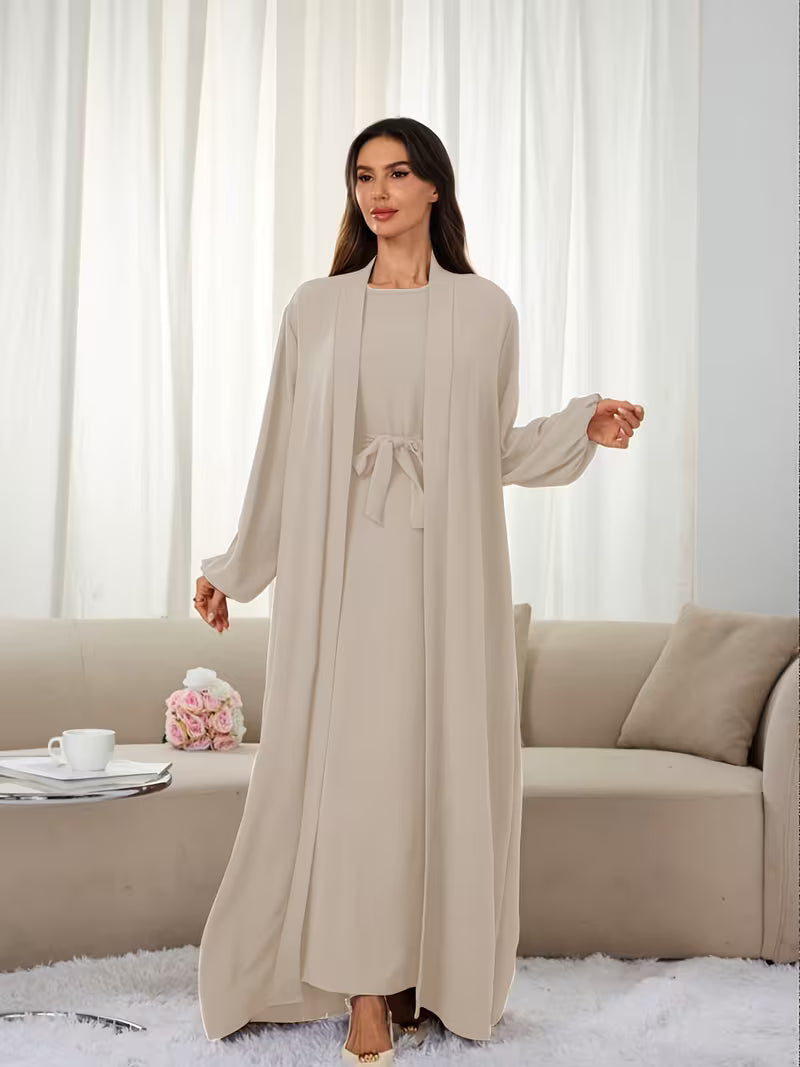 1Set Fashionable, Elegant And Casual Belt Inner And Wristband Elastic Solid Color Suitable for Daily Wear Loose And Comfortable Women'S Abaya Open Shirt Matching Suit.Abayas for Women Muslim Ferace Tesettür Clothing Women Robe Voile Khimar Hijab