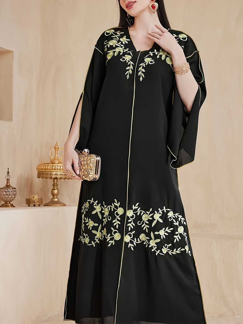 A Mid-Length Dress with a V-Neck, Flared Sleeves, And Slit Design, Featuring Elegant And Luxurious Heat Transfer Craftsmanship, Suitable for The Eid Celebration, Resembling a Traditional Abaya