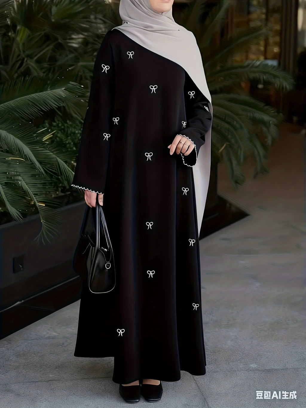 Elegant Long Dress for Middle Eastern Muslims During Ramadan, Featuring Bow Embroidery, Suitable for Casual Outings And Prayers (Abaya Does Not Include a Headscarf)