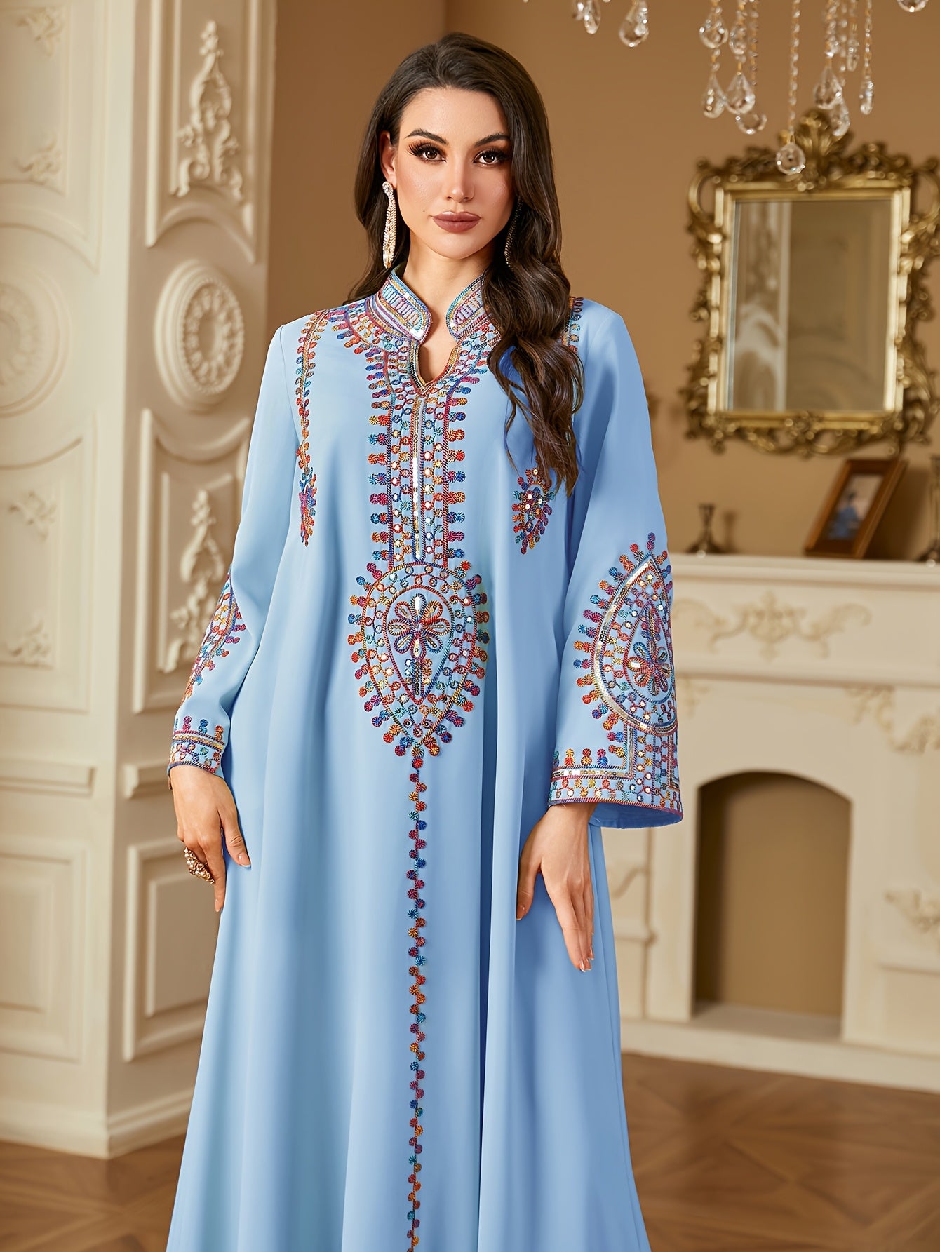 Elegant White Long Sleeve Dress with Colorful Designs and Sequins - A-Line Floor-Length Gown for Women, Perfect for Spring, Summer, and Fall, Versatile Fashion|Elegant Long Dress|Sequin Embellishments