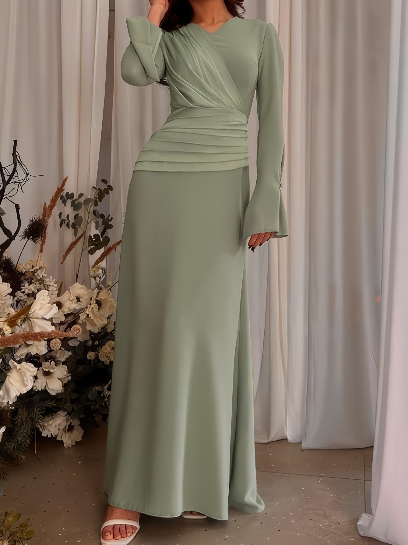 1pc Stylish Long Dress with Long Sleeves for Women Attending Weddings