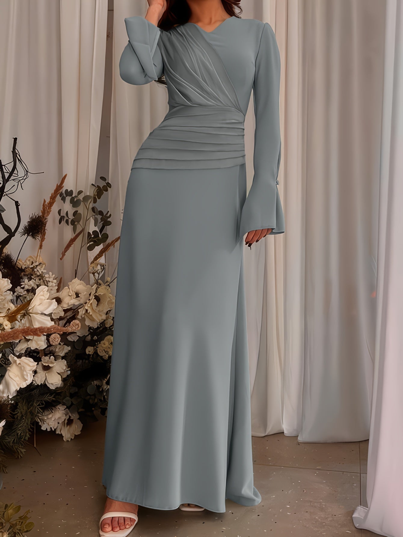 1pc Stylish Long Dress with Long Sleeves for Women Attending Weddings
