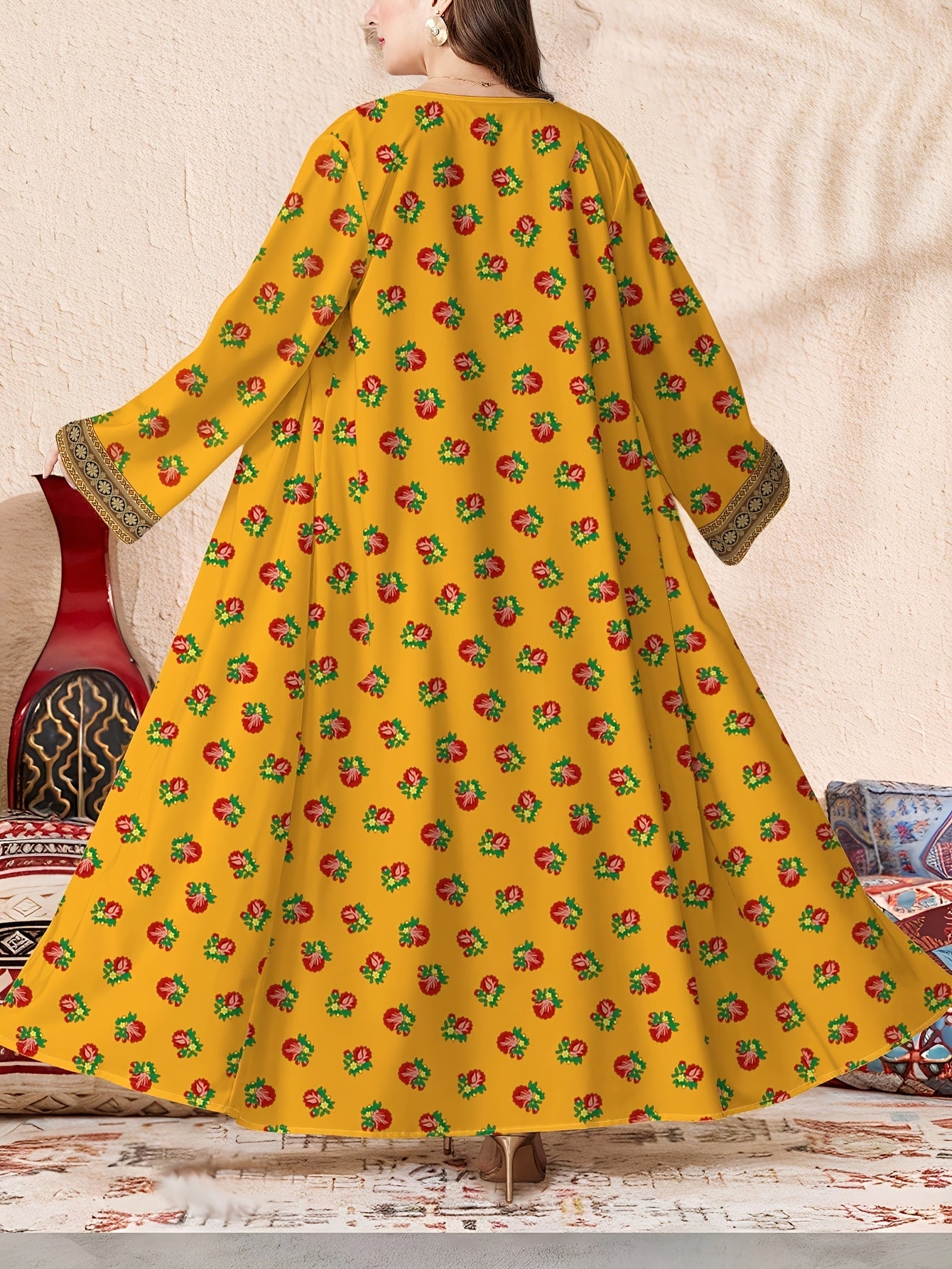 Plus Size, Women's Branch Digital Print Long Sleeve Casual Arabic Abaya Cardigan Long Outerwear, Spring and Autumn Open-Front Single-Layer Cardigan Dress, Dubai Abaya Luxury Muslim Women's Clothing