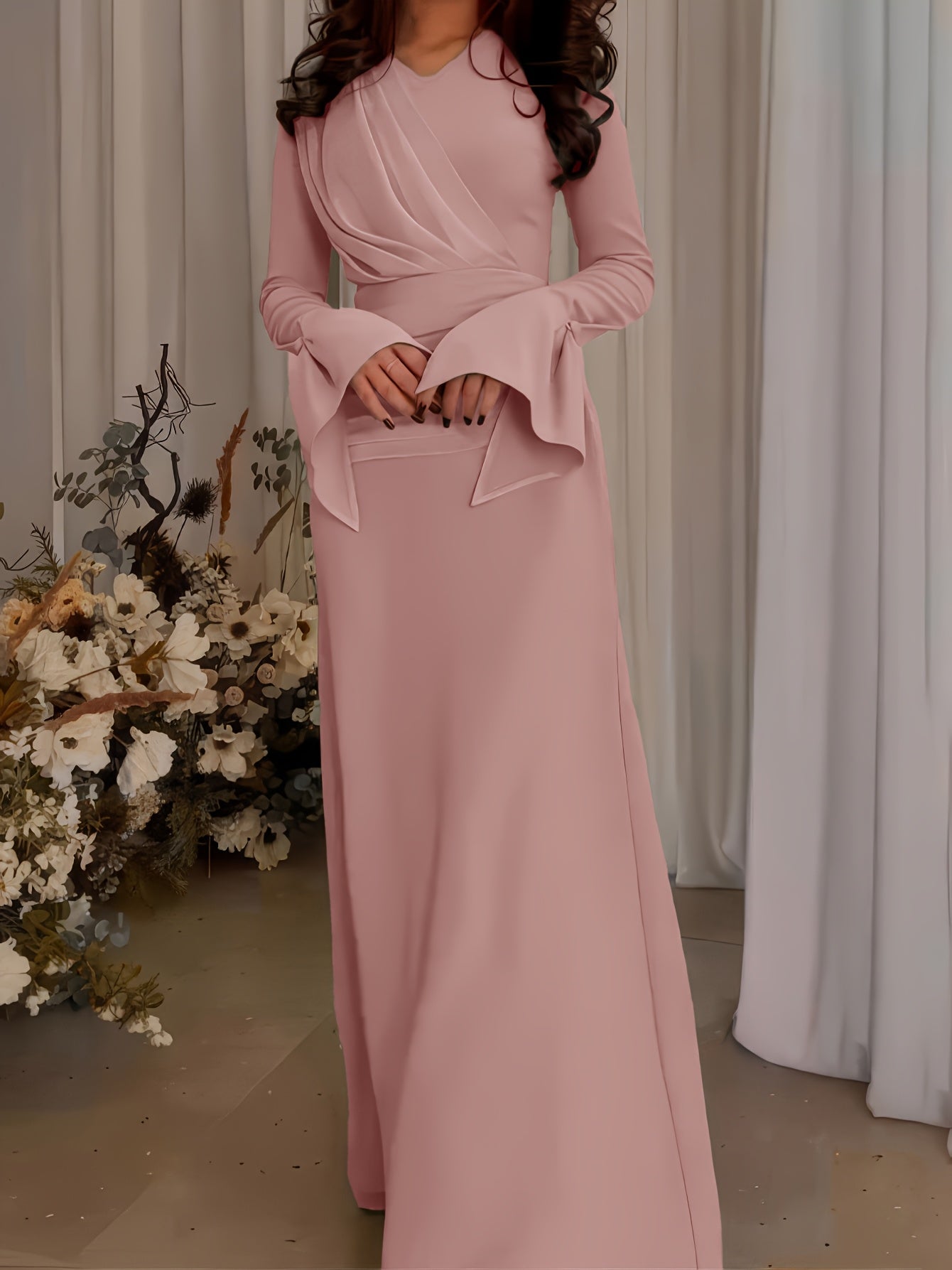 1pc Stylish Long Dress with Long Sleeves for Women Attending Weddings