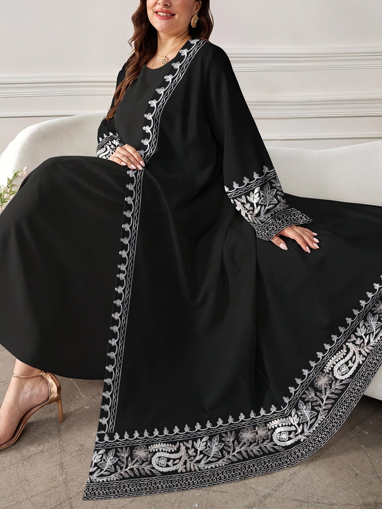 Plus Size, Women's Branch Digital Print Long Sleeve Casual Arabic Abaya Cardigan Long Outerwear, Spring and Autumn Open-Front Single-Layer Cardigan Dress, Dubai Abaya Luxury Muslim Women's Clothing
