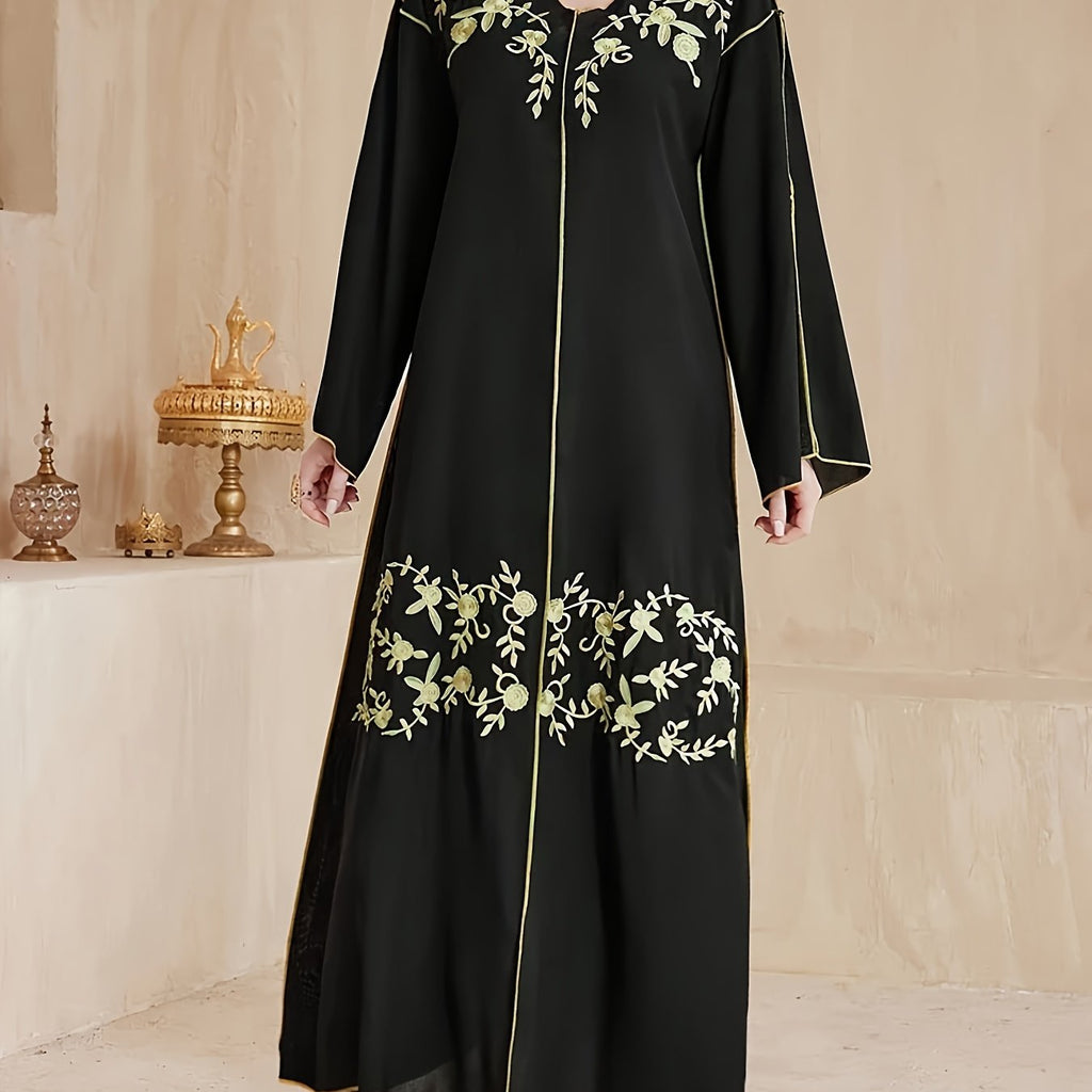 A Mid-Length Dress with a V-Neck, Flared Sleeves, And Slit Design, Featuring Elegant And Luxurious Heat Transfer Craftsmanship, Suitable for The Eid Celebration, Resembling a Traditional Abaya