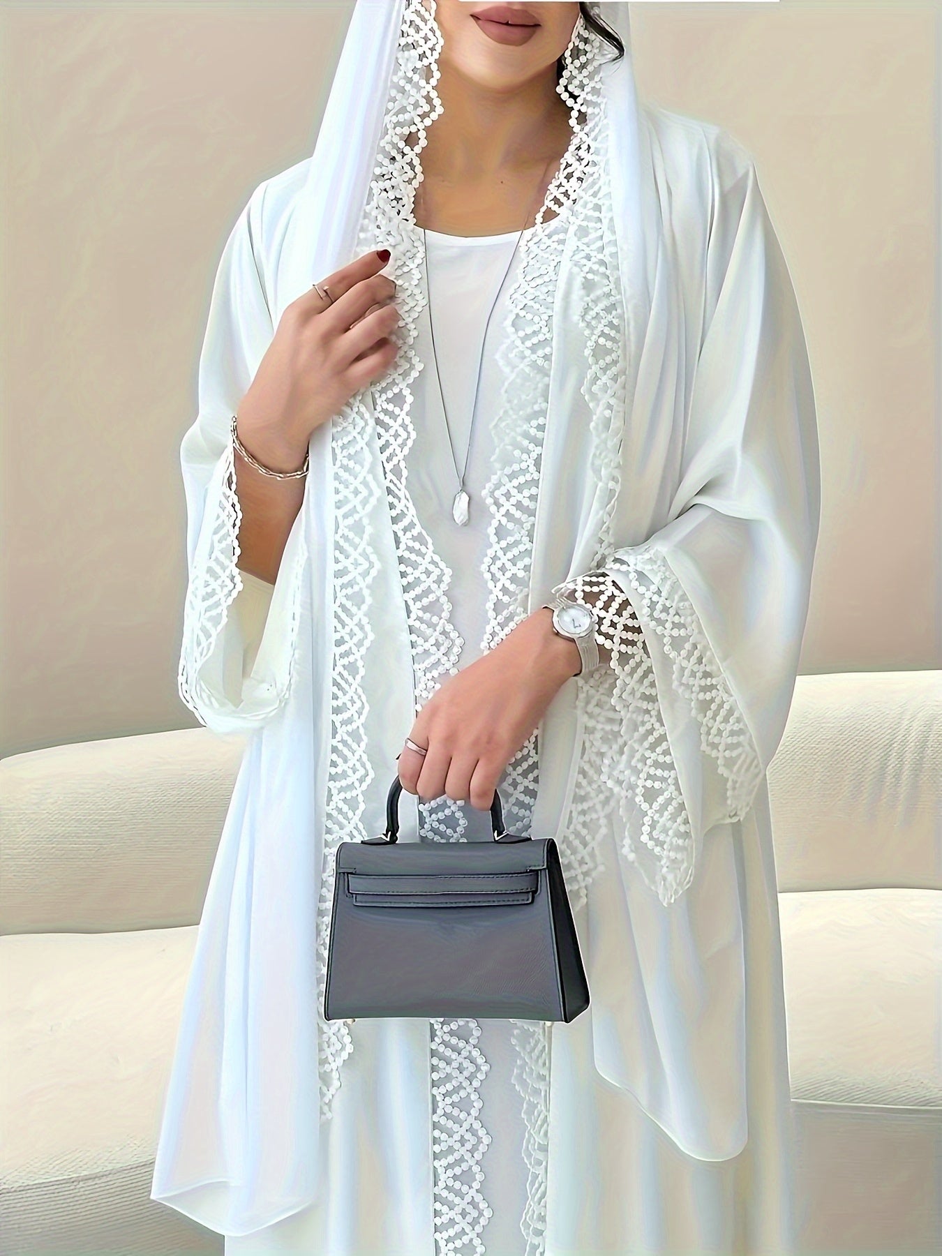 2026 Spring/Summer New Arrival Ladies' New Elegant Middle Eastern Muslim Cardigan White Robe Beach Vacation Dubai Saudi Traditional Clothing RamadanEid Al-FitrEid Al-Adha Exquisite Lace Party Dress Cardigan with Headscarf 1 Q