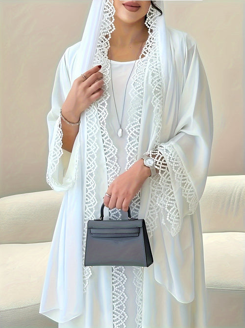 2026 Spring/Summer New Arrival Ladies' New Elegant Middle Eastern Muslim Cardigan White Robe Beach Vacation Dubai Saudi Traditional Clothing RamadanEid Al-FitrEid Al-Adha Exquisite Lace Party Dress Cardigan with Headscarf 1 Q