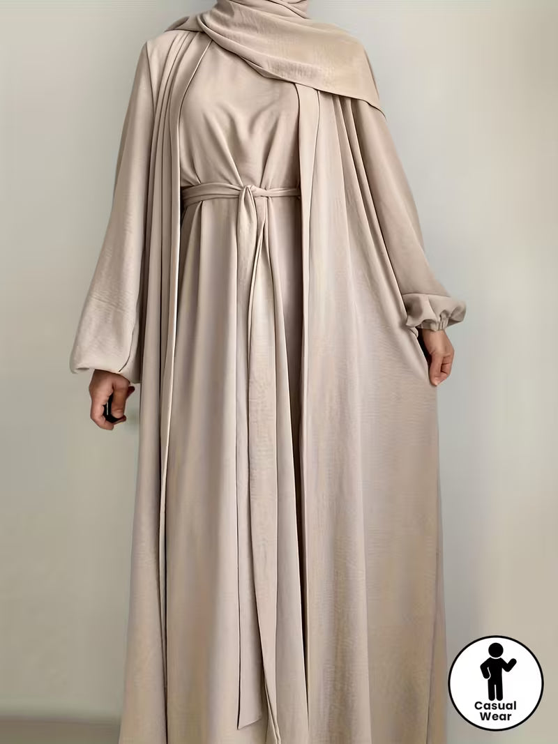 1Set Fashionable, Elegant And Casual Belt Inner And Wristband Elastic Solid Color Suitable for Daily Wear Loose And Comfortable Women'S Abaya Open Shirt Matching Suit.Abayas for Women Muslim Ferace Tesettür Clothing Women Robe Voile Khimar Hijab
