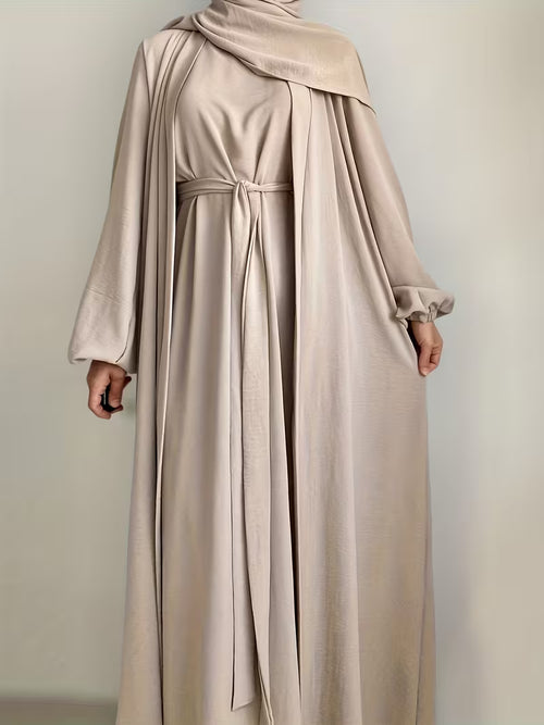 1Set Fashionable, Elegant And Casual Belt Inner And Wristband Elastic Solid Color Suitable for Daily Wear Loose And Comfortable Women'S Abaya Open Shirt Matching Suit.Abayas for Women Muslim Ferace Tesettür Clothing Women Robe Voile Khimar Hijab