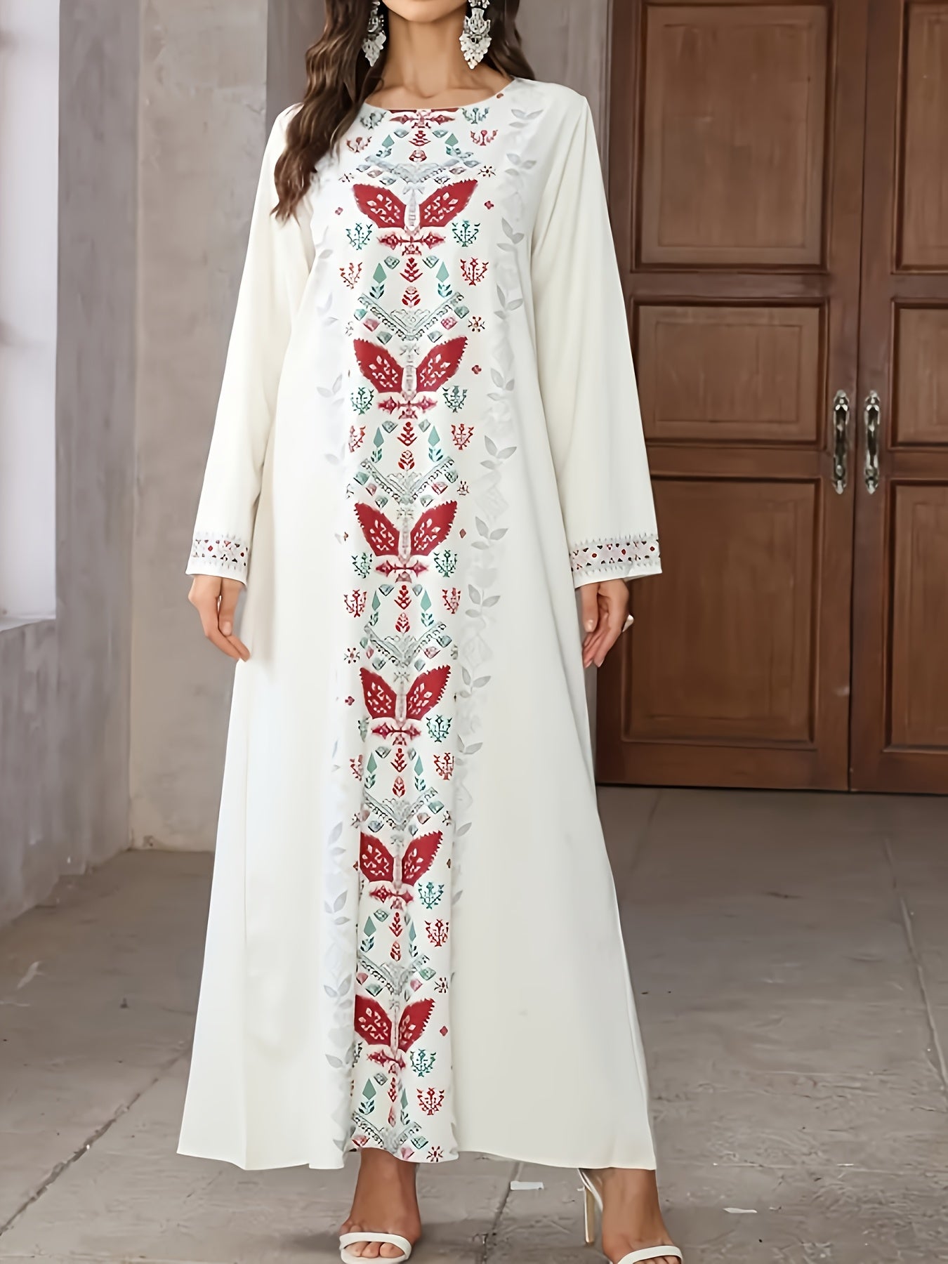 Elegant Long-Sleeved Loose Dress with a Floral Print And Crew Neck, Designed for Women