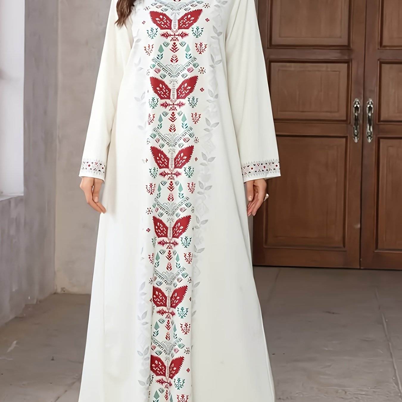 Elegant Long-Sleeved Loose Dress with a Floral Print And Crew Neck, Designed for Women