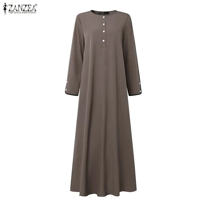 فستان رمضاني بأكمام طويلة وياقة دائرية مناسب للأعياد والمناسبات