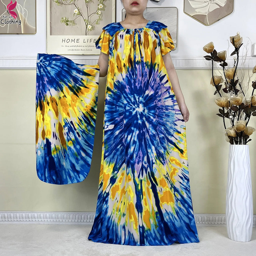 2025 New African Lady Summer Short Sleeve Dresses Boat-Neck Tie-dye Loose Boubou Maxi African Abaya Clothes Islam Women Dress