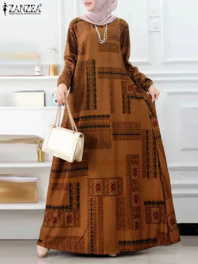 فستان نسائي طويل بطبعات بوهيمية أنيقة – عباية عصرية بأكمام طويلة