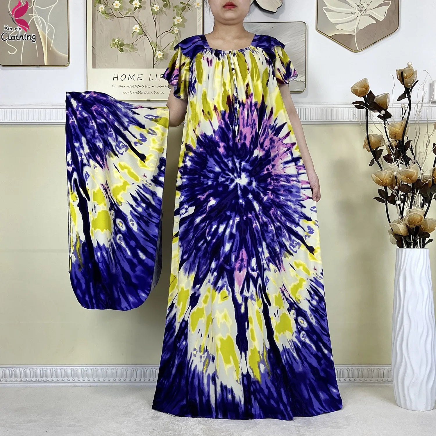 2025 New African Lady Summer Short Sleeve Dresses Boat-Neck Tie-dye Loose Boubou Maxi African Abaya Clothes Islam Women Dress