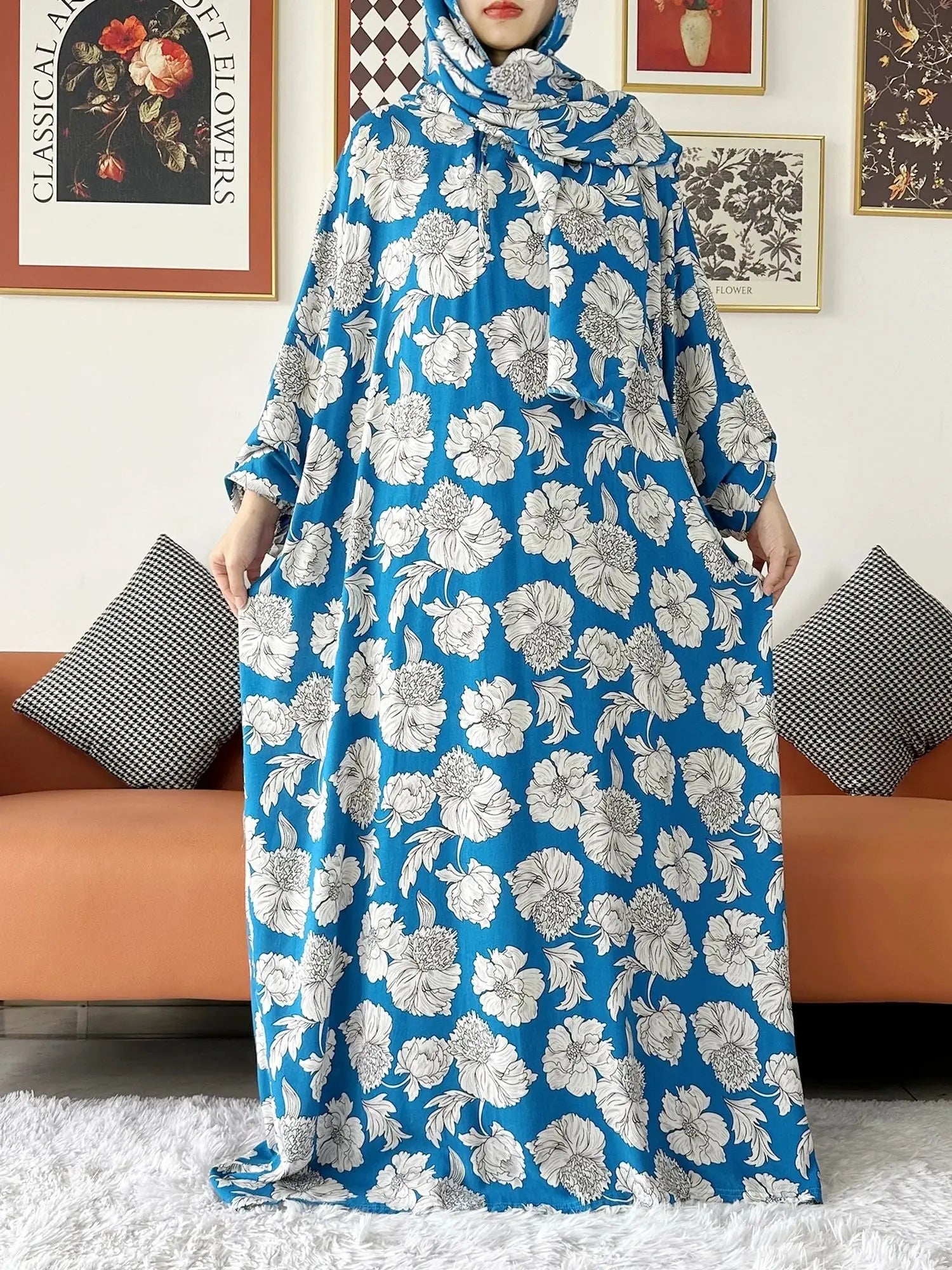 عباية صلاة قطنية مع حجاب المدمج – عباية فضفاضة لرمضان