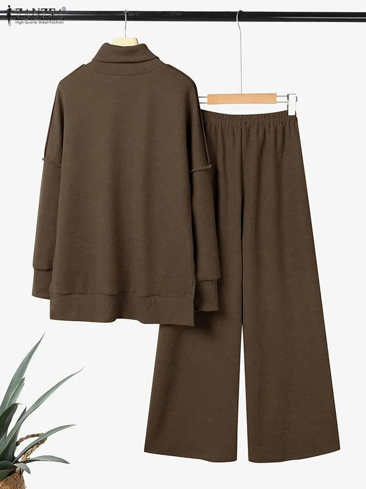 طقم نسائي محبوك قطعتين – بلوزة بياقة عالية وبنطال واسع مريح