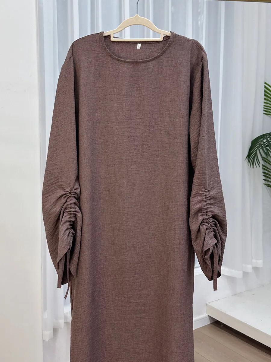 Vestidos Muslim Women Dubai Abaya Drawstring Sleeve Long Dress Kaftan Solid Modest Ramadan Robe Plus Size Femme Islamic Clothing