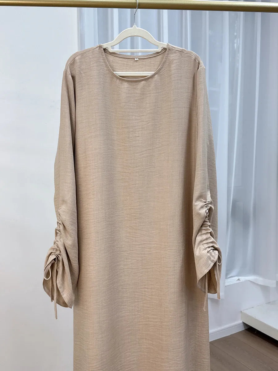 Vestidos Muslim Women Dubai Abaya Drawstring Sleeve Long Dress Kaftan Solid Modest Ramadan Robe Plus Size Femme Islamic Clothing