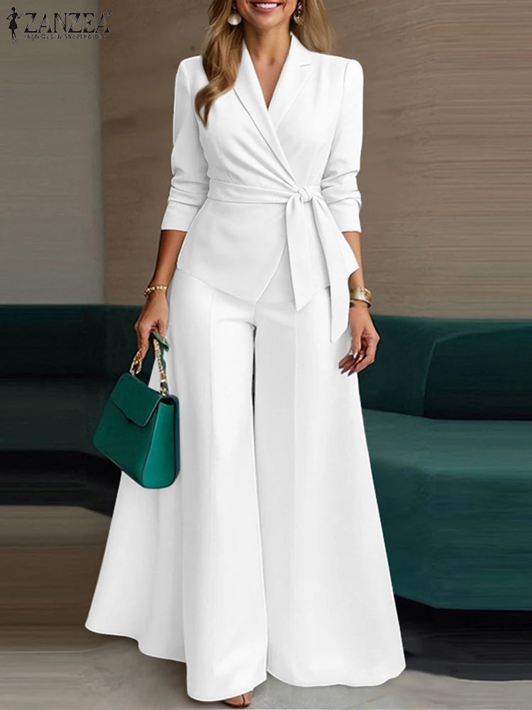 طقم نسائي أنيق قطعتين – بليزر خفيف مع حزام وبنطال واسع رسمي