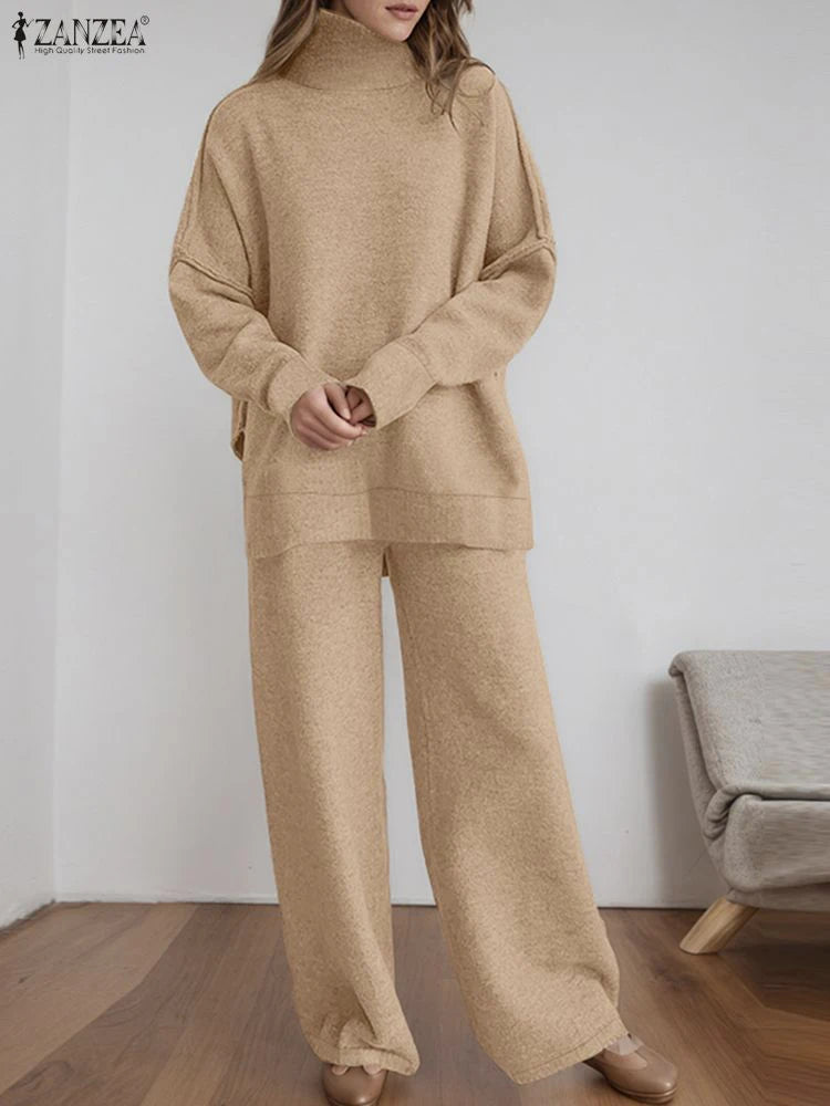 طقم نسائي محبوك قطعتين – بلوزة بياقة عالية وبنطال واسع مريح