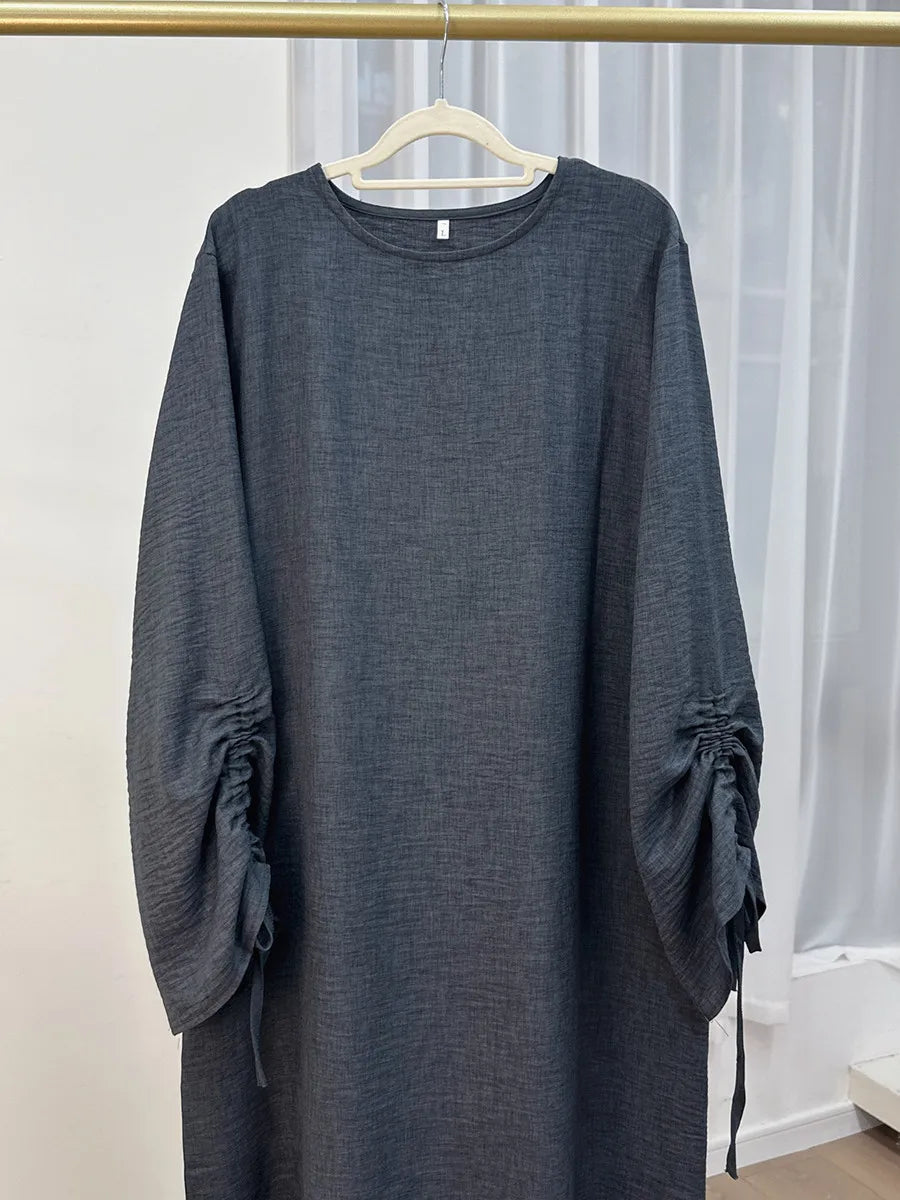 Vestidos Muslim Women Dubai Abaya Drawstring Sleeve Long Dress Kaftan Solid Modest Ramadan Robe Plus Size Femme Islamic Clothing