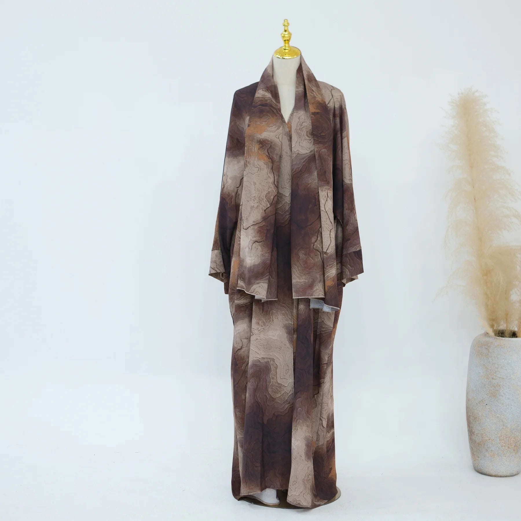 عباية نسائية مفتوحة مع شال مطبوع – طقم أنيق قطعتين مناسب للعيد والمناسبات