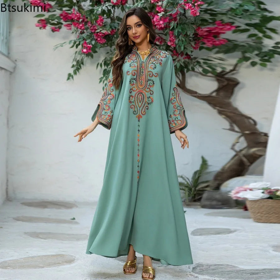 عباية نسائية مطرزة أنيقة – فستان طويل فاخر للمناسبات ورمضان بتصميم عربي راقٍ