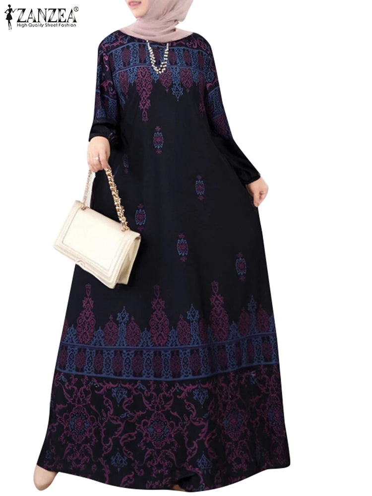 فستان نسائي طويل بطبعات بوهيمية – عباية أنيقة بأكمام طويلة