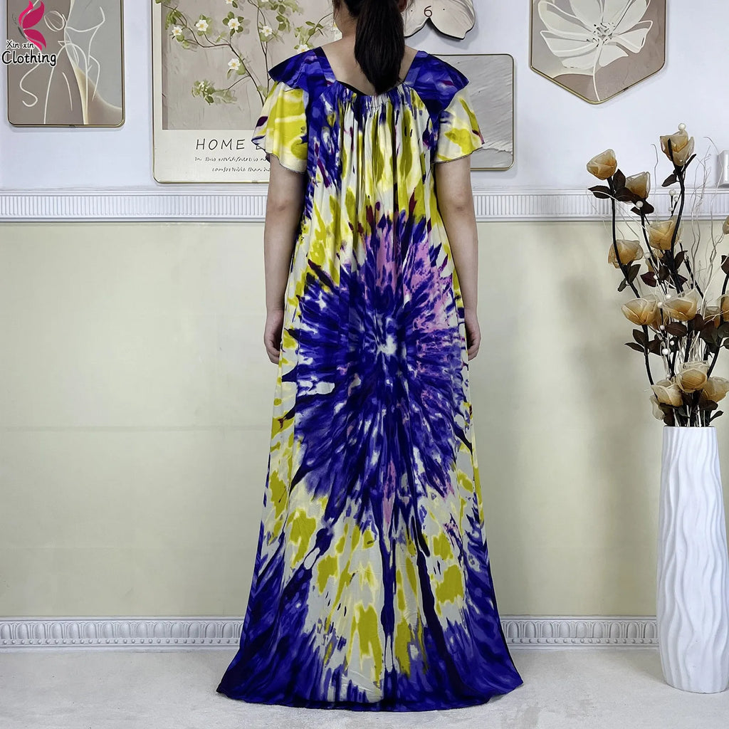 2025 New African Lady Summer Short Sleeve Dresses Boat-Neck Tie-dye Loose Boubou Maxi African Abaya Clothes Islam Women Dress