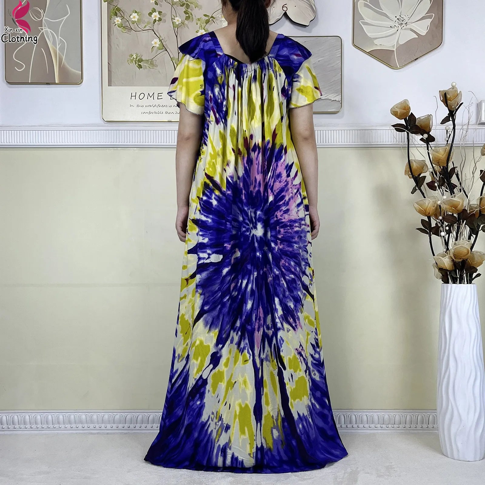 2025 New African Lady Summer Short Sleeve Dresses Boat-Neck Tie-dye Loose Boubou Maxi African Abaya Clothes Islam Women Dress