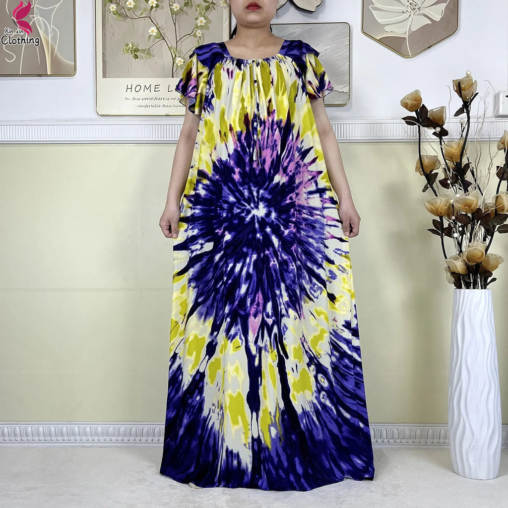 2025 New African Lady Summer Short Sleeve Dresses Boat-Neck Tie-dye Loose Boubou Maxi African Abaya Clothes Islam Women Dress