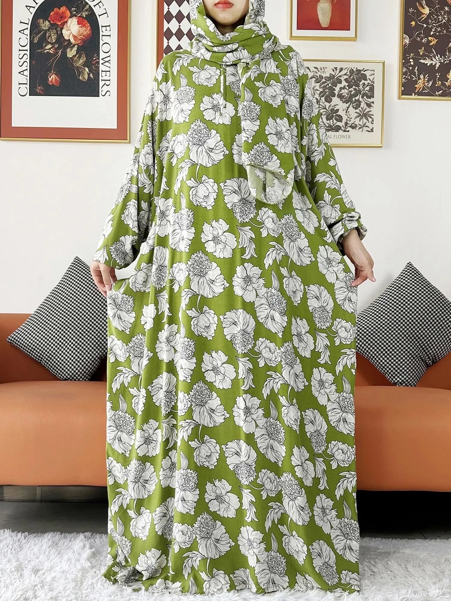 عباية صلاة نسائية قطنية مع حجاب مدمج – عباية فضفاضة لرمضان