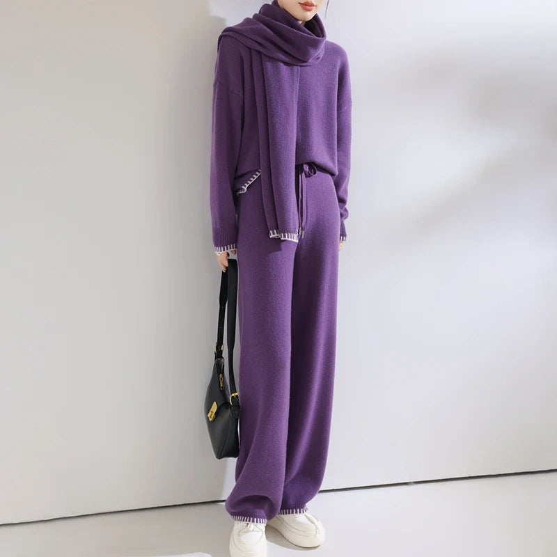 طقم نسائي فاخر 3 قطع – كنزة صوف ميرينو مع بنطال مريح ووشاح أنيق