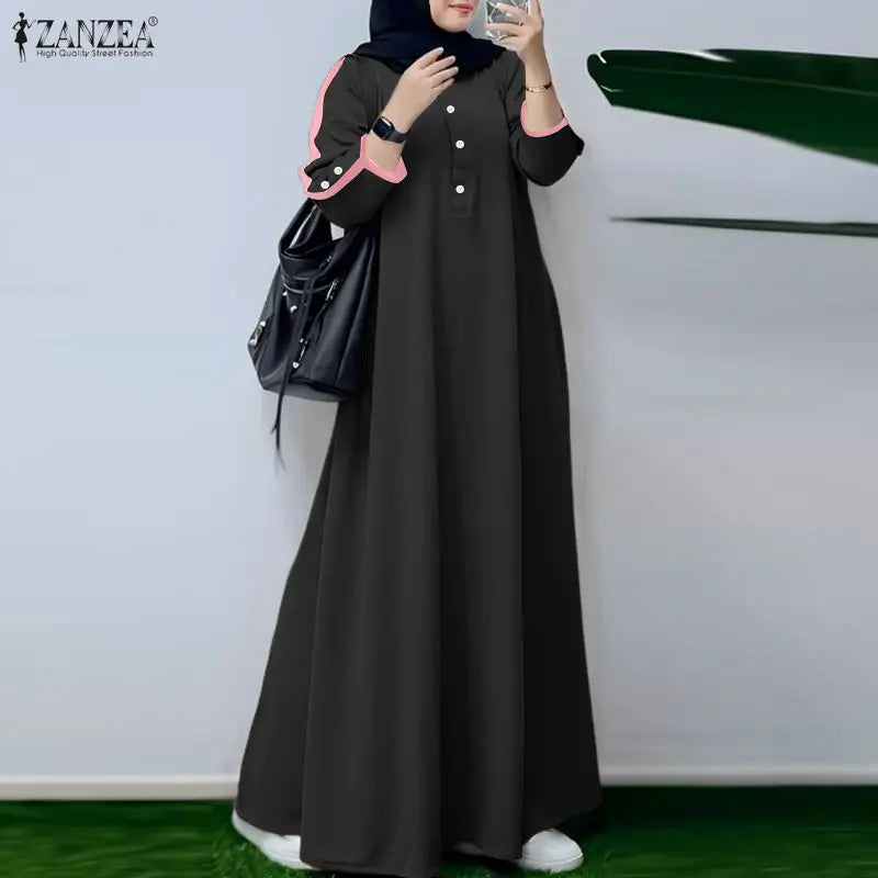 فستان رمضاني بأكمام طويلة وياقة دائرية مناسب للأعياد والمناسبات