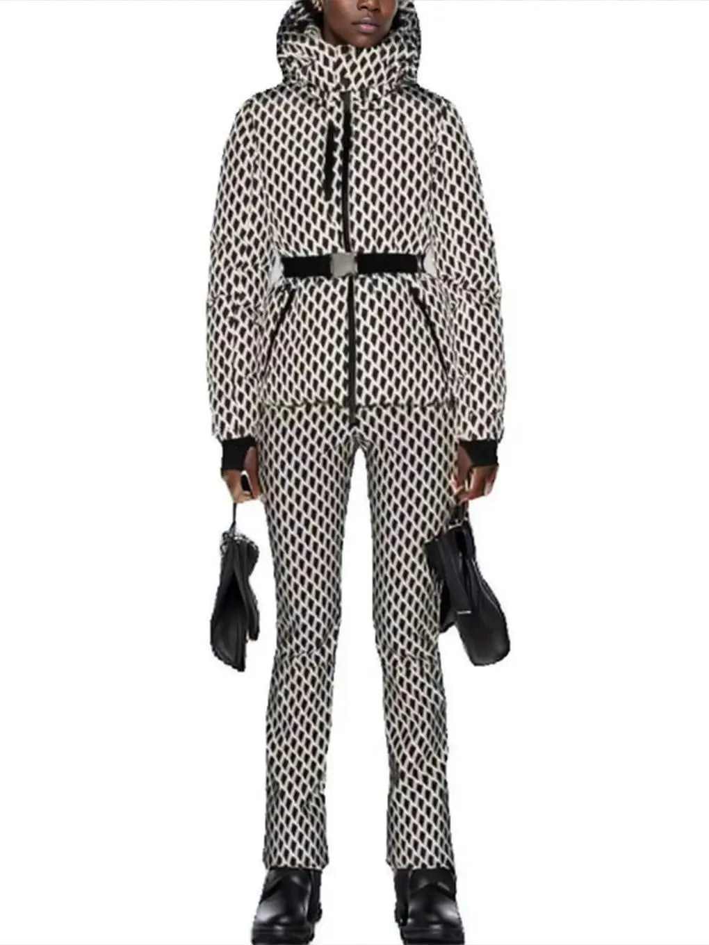 طقم شتوي نسائي أنيق قطعتين – جاكيت مبطن بقبعة مع بنطال دافئ مقاوم للرياح