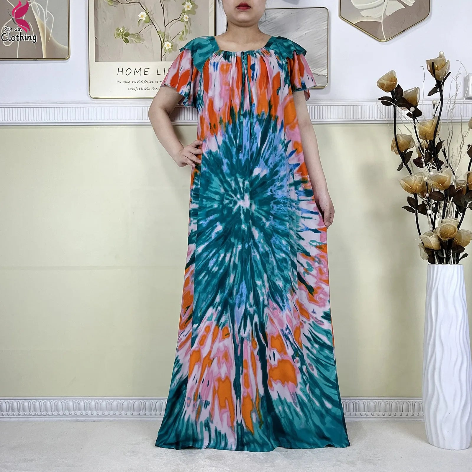 2025 New African Lady Summer Short Sleeve Dresses Boat-Neck Tie-dye Loose Boubou Maxi African Abaya Clothes Islam Women Dress