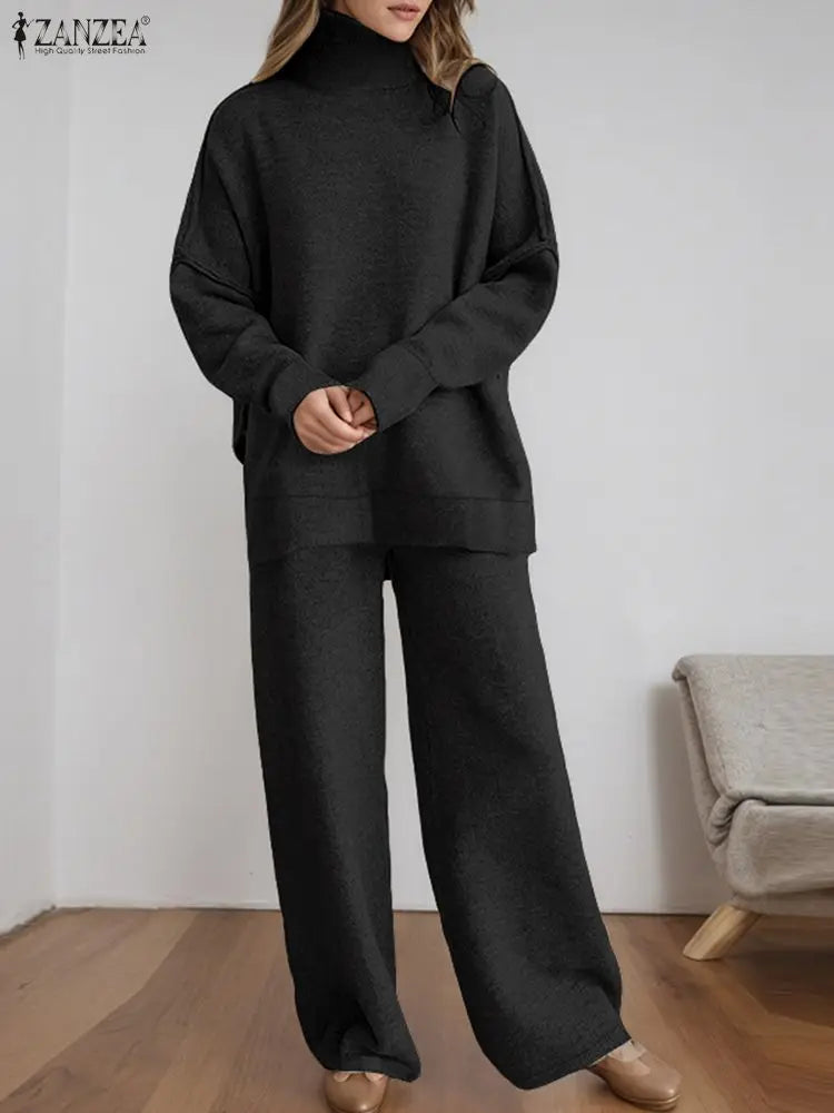 طقم نسائي محبوك قطعتين – بلوزة بياقة عالية وبنطال واسع مريح