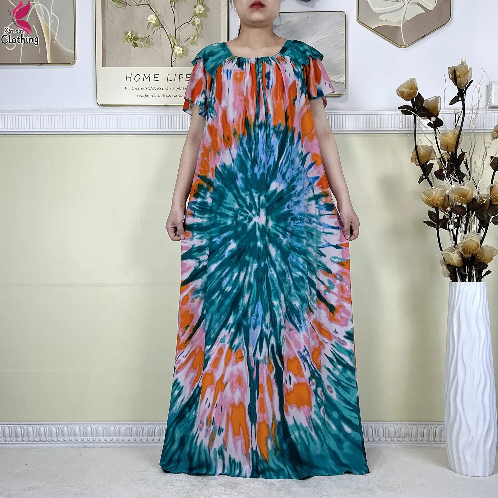 2025 New African Lady Summer Short Sleeve Dresses Boat-Neck Tie-dye Loose Boubou Maxi African Abaya Clothes Islam Women Dress