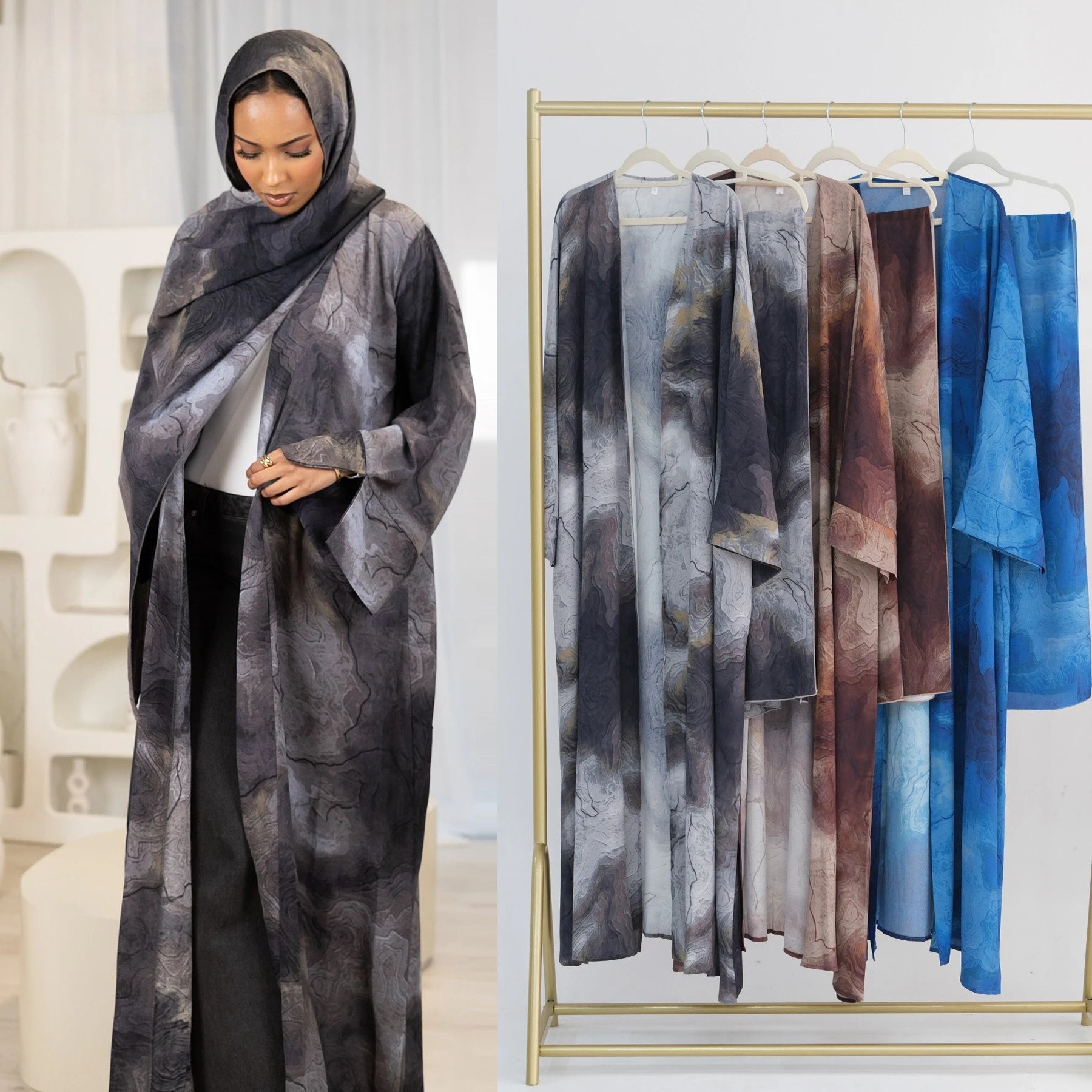 عباية نسائية مفتوحة مع شال مطبوع – طقم أنيق قطعتين مناسب للعيد والمناسبات