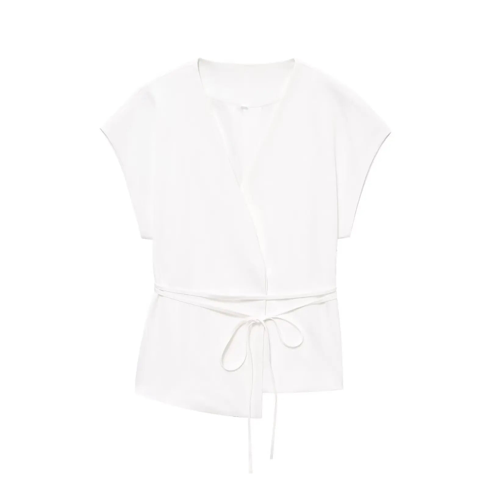 طقم نسائي أنيق قطعتين – بلوزة بدون أكمام بياقة V مع حزام وبنطال واسع